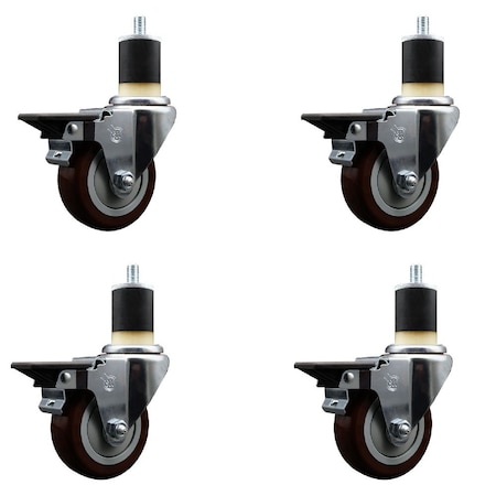 Service Caster 3.5'' Maroon Poly Swivel 1-7/8'' Expanding Stem Caster Set with Brake, 4PK SCC-EX20S3514-PPUB-MRN-PLB-178-4